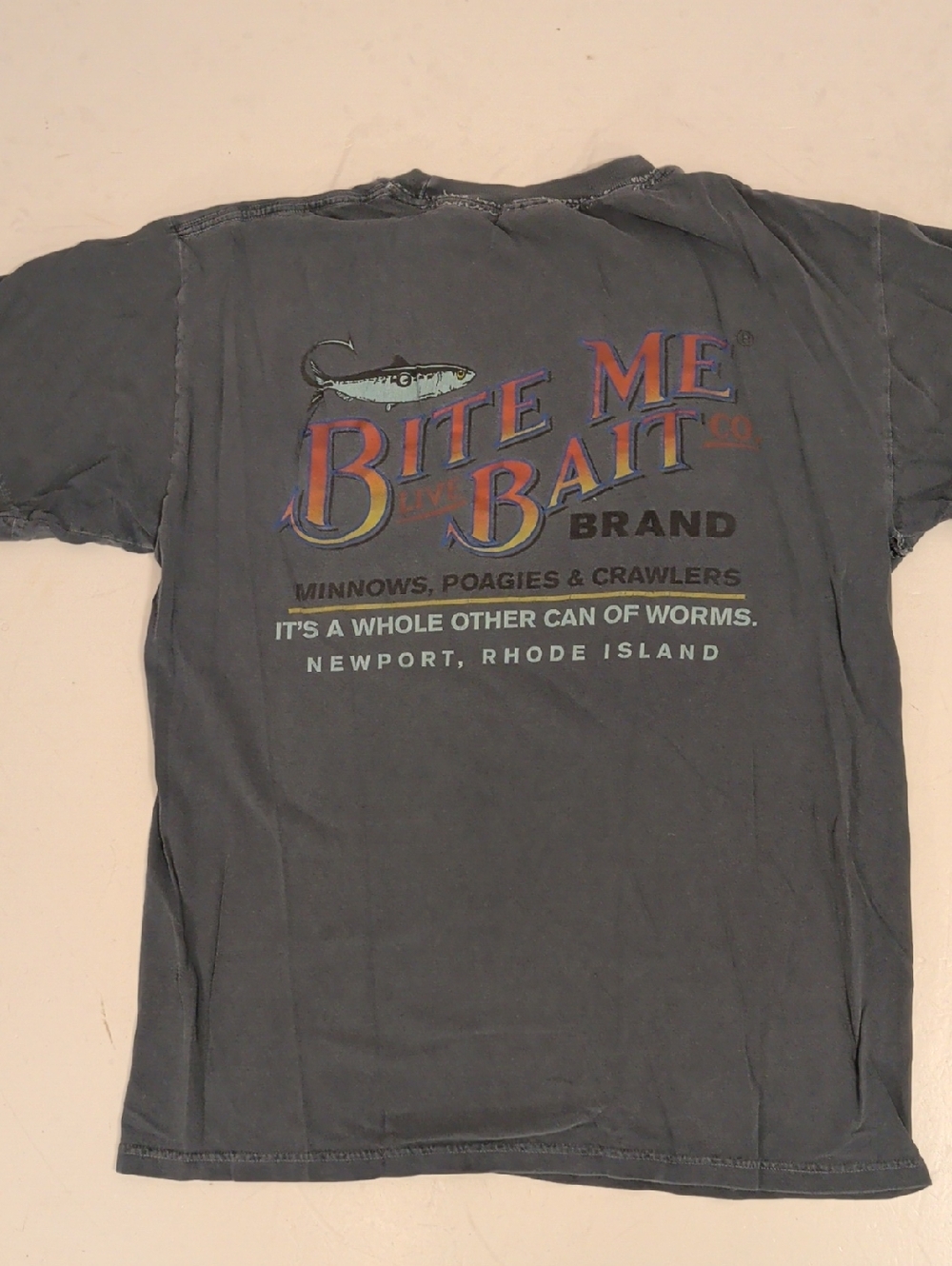 Bite Me Bait Co. Fishing T Shirt Short Sleeve Graphic Tee 100% Cotton Thrashed